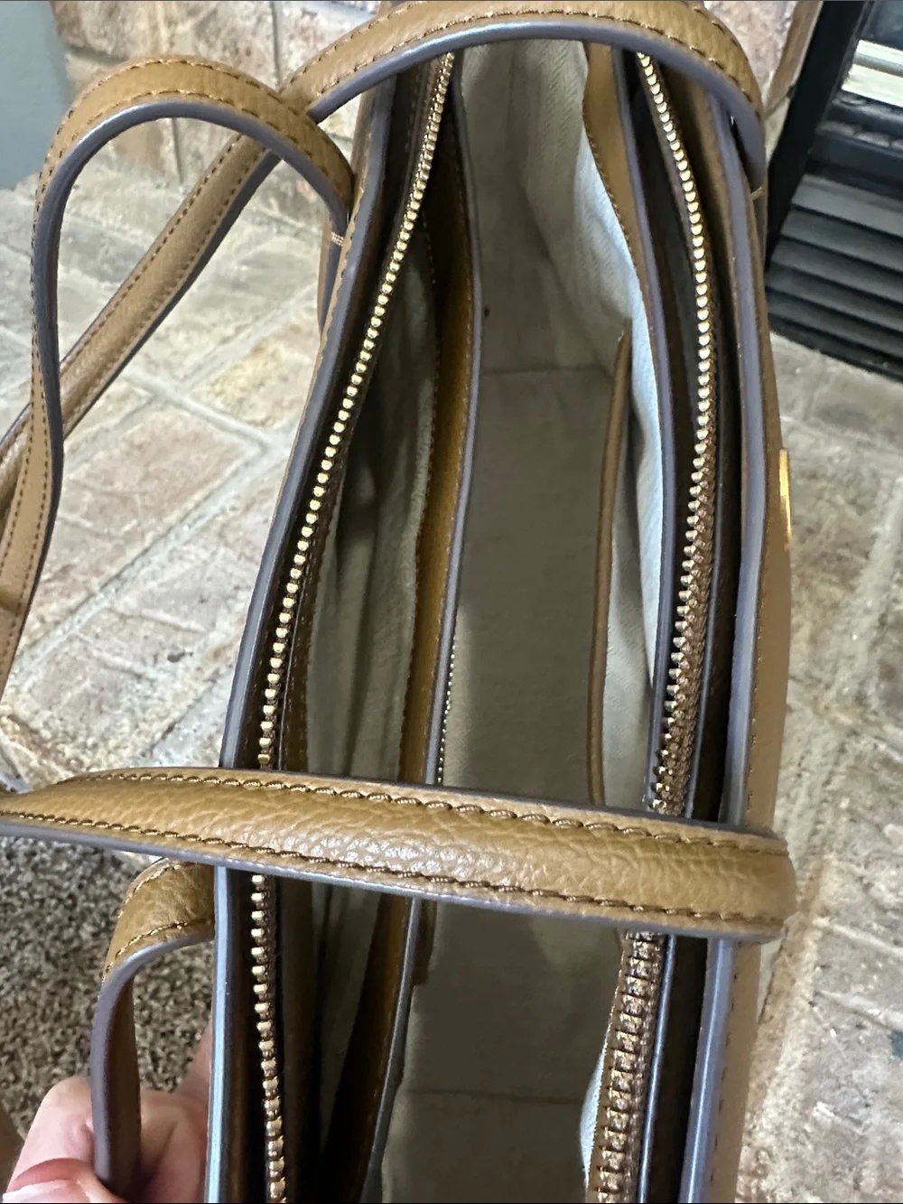 Tory Burch Olive-Toned Brown Pebbled Leather Tote with Gold Logo